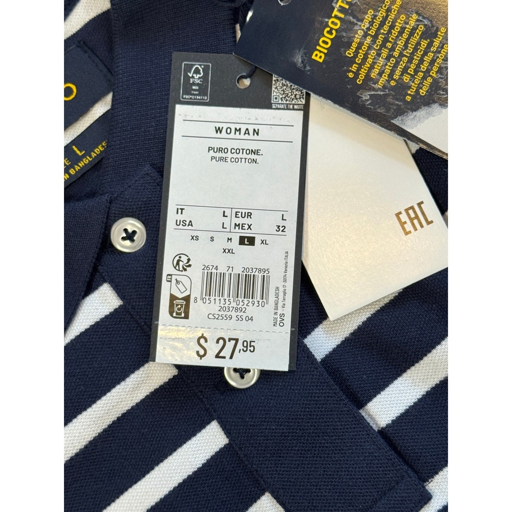 Piombo Navy White Striped Polo Shirt Women's Large Cotton Short Sleeve NWT Top - Picture 8 of 9